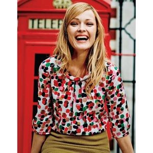 BODEN Collared Bella Viscose Silk Top Shirt Polka Dot 3/4 Sleeve Blouse